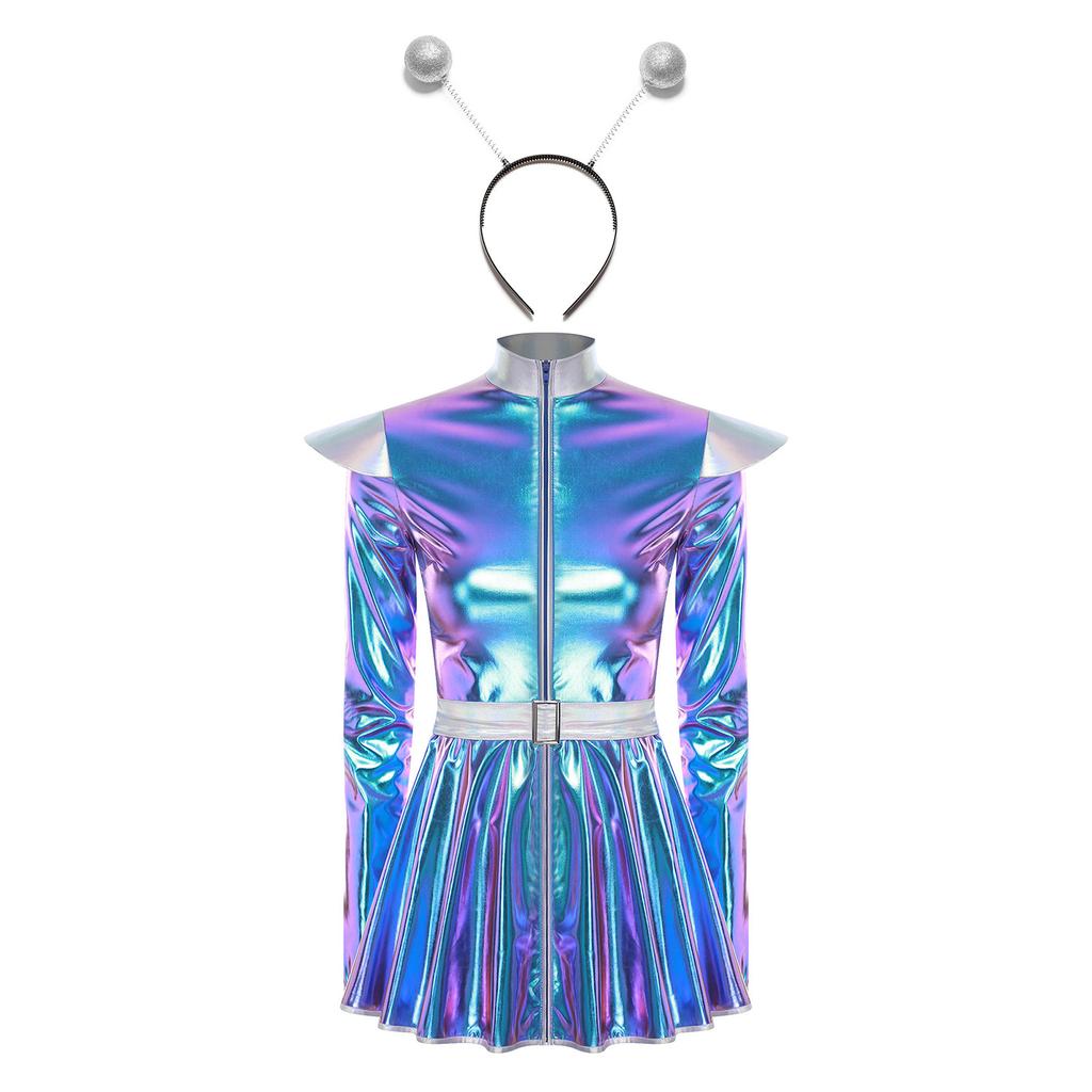 S-XXL Damen Rollenspiel Außerirdischenkleid: Halloween Astronauten Kostüm, Metallisch A-Linie mit Haarreif & Einfachem Frontreißverschluss