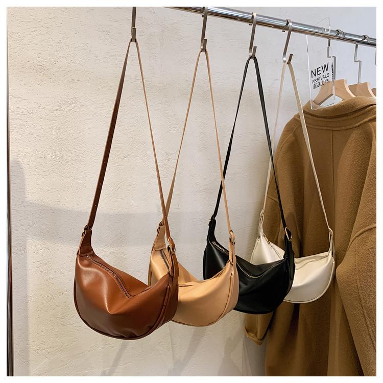Women's Faux Leather Crescent Bag, Soft Dumpling Shoulder Crossbody Purse, Zipper Closure Handbag for Daily Use
