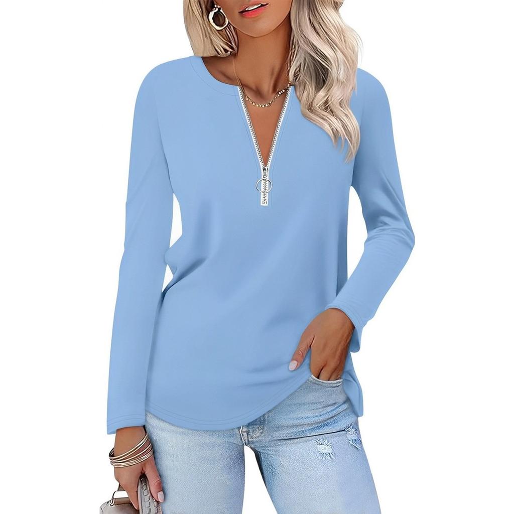 Women's   Fashion Casual Solid Color  Zipper V-Neck Long Sleeve Shirt Tops