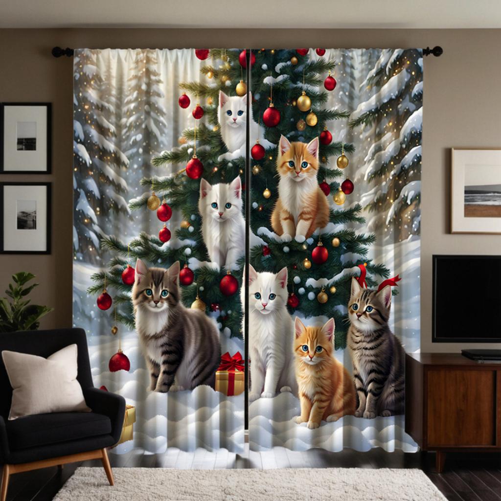 2 kusy HD vánočního stromku na kočce sněhová dekorativní záclona Žlutá vázanka digitálně tištěná záclona styl bytové dekorace decora