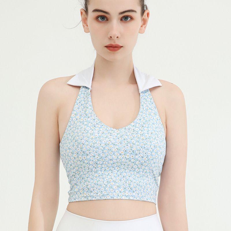

With Chest Pad Export New Printed Flower Female Lapel Beauty Back Elastic Quick-Drying Sports Running Workout Yoga Top Female Pilates Light blue small white flowers L