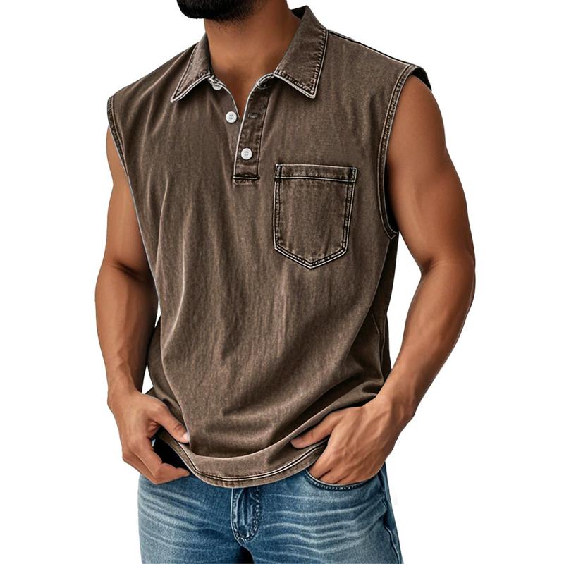 Men's Vintage Wash Sleeveless Polo Shirt Casual Denim Look Tank Top Button Down Vest Summer Beach Streetwear