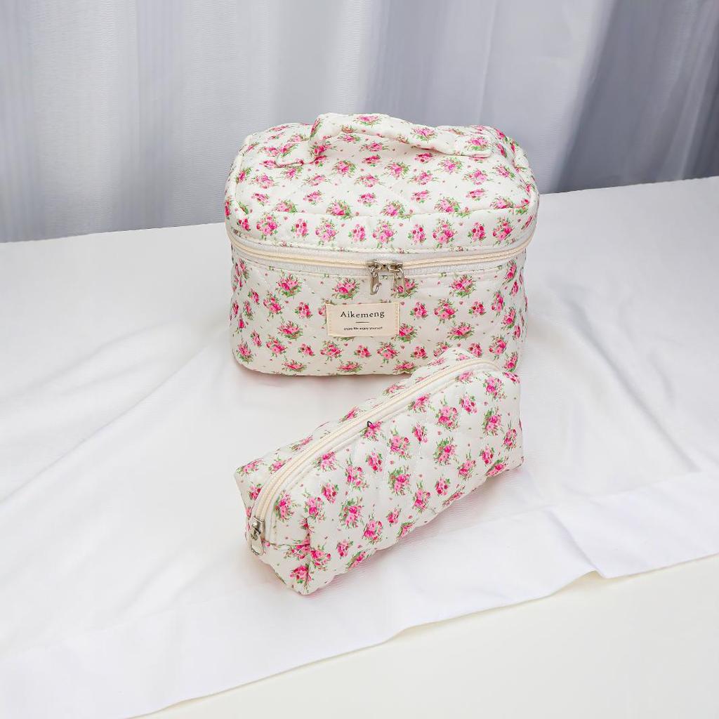 Floral Quilted Cotton Travel Makeup Bag Set – Portable, Large Capacity, 3-Piece