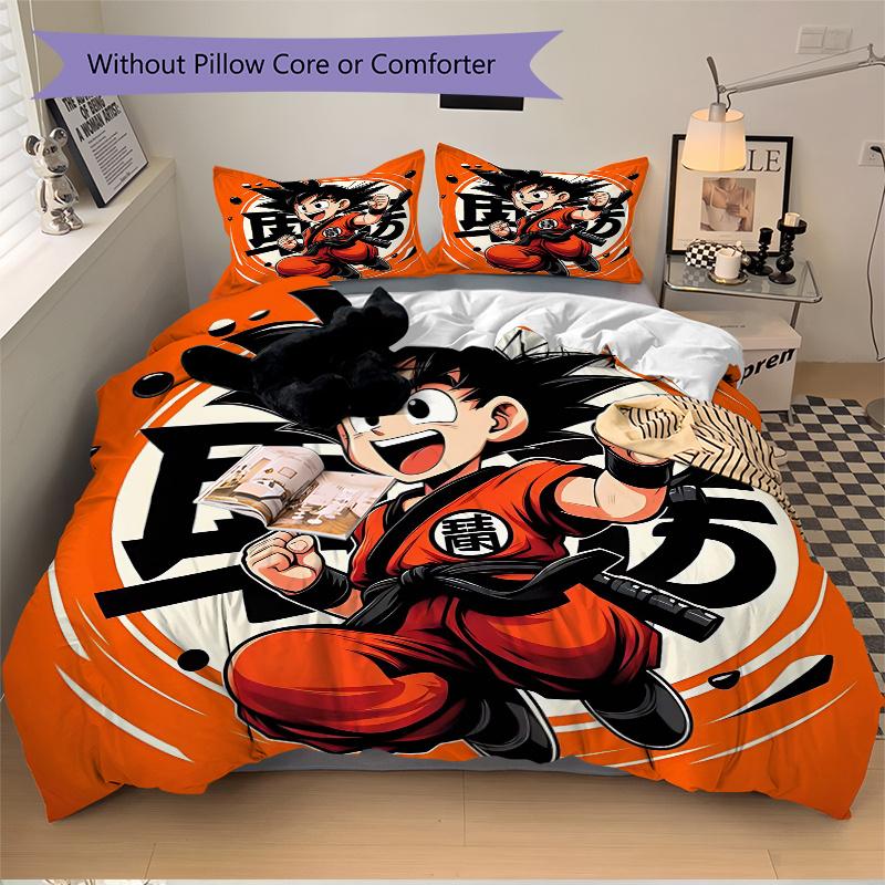 3pcs Dragon Ball Z Cute Son Goku Pattern Bedding Set, 1* Cover + 2*Pillowcases, Printed Bedding Set, Soft and Comfortable, Suitable for Bedroom a