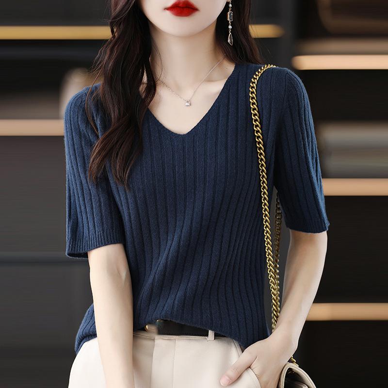 Frühling Sommer Damen V-Ausschnitt Kurzarm Exquisiter Kaschmir Strickpullover Pullover Einfarbig