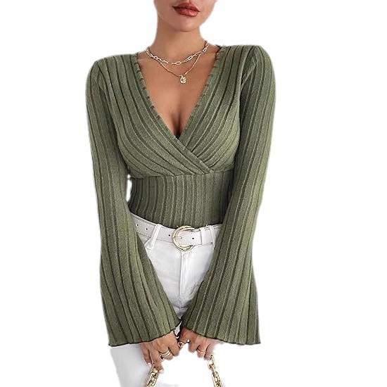 Women's Autumn and Winter Ribbed Pit Stripes V-neck Slim Long-sleeved T-shirt