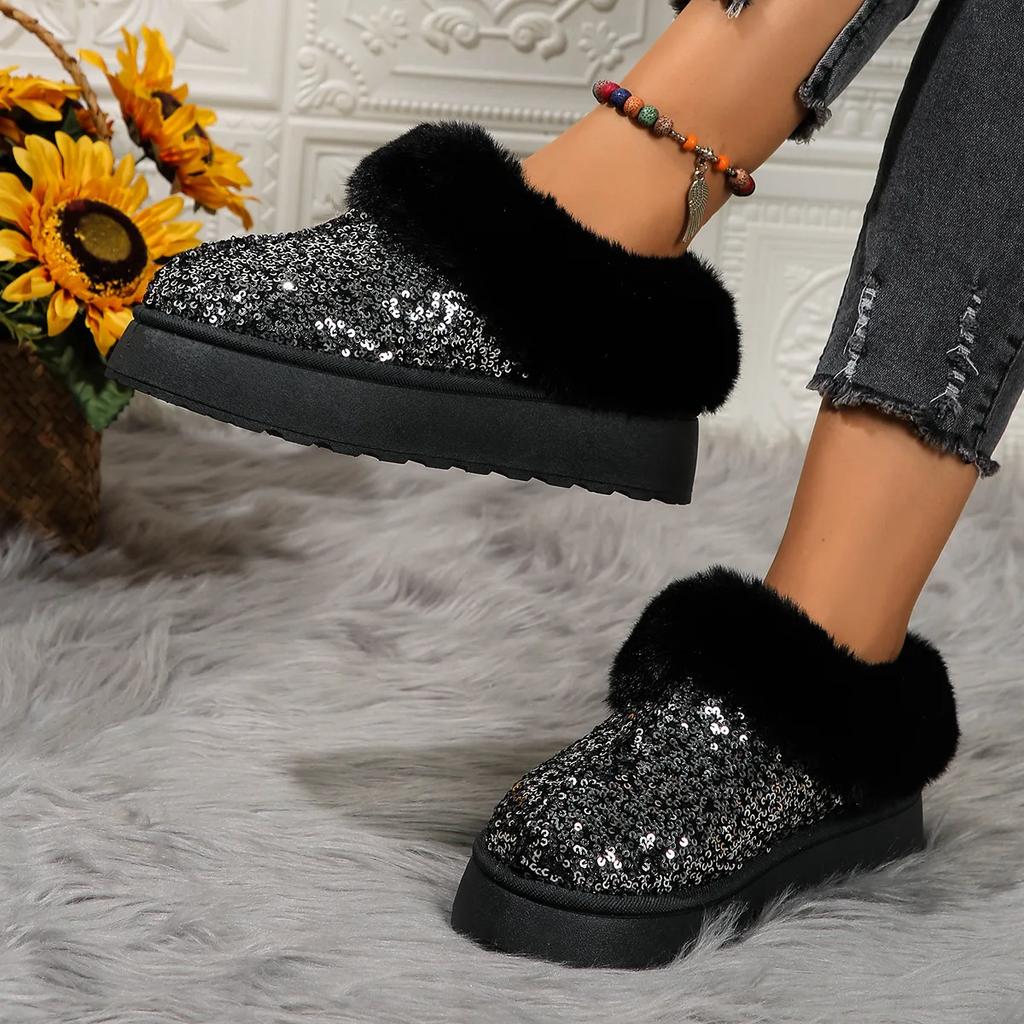 Furry Cotton Shoes Padded Warm Snow Botas Women Non-slip Comfort Home Slippers Outdoor Flat Sequins Shoes Women Platform Boots