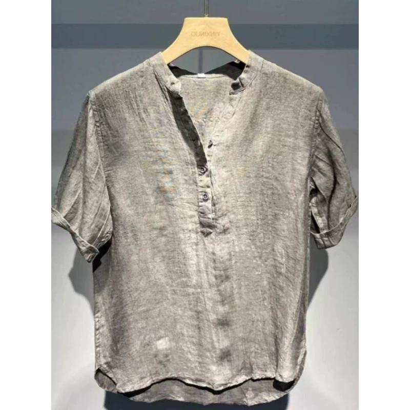

Summer Fashion Vintage Men s Solid Color Casual Trendy Loose Half Sleeve V-neck Button Pullover Shirts Male Clothes Tops 5XL