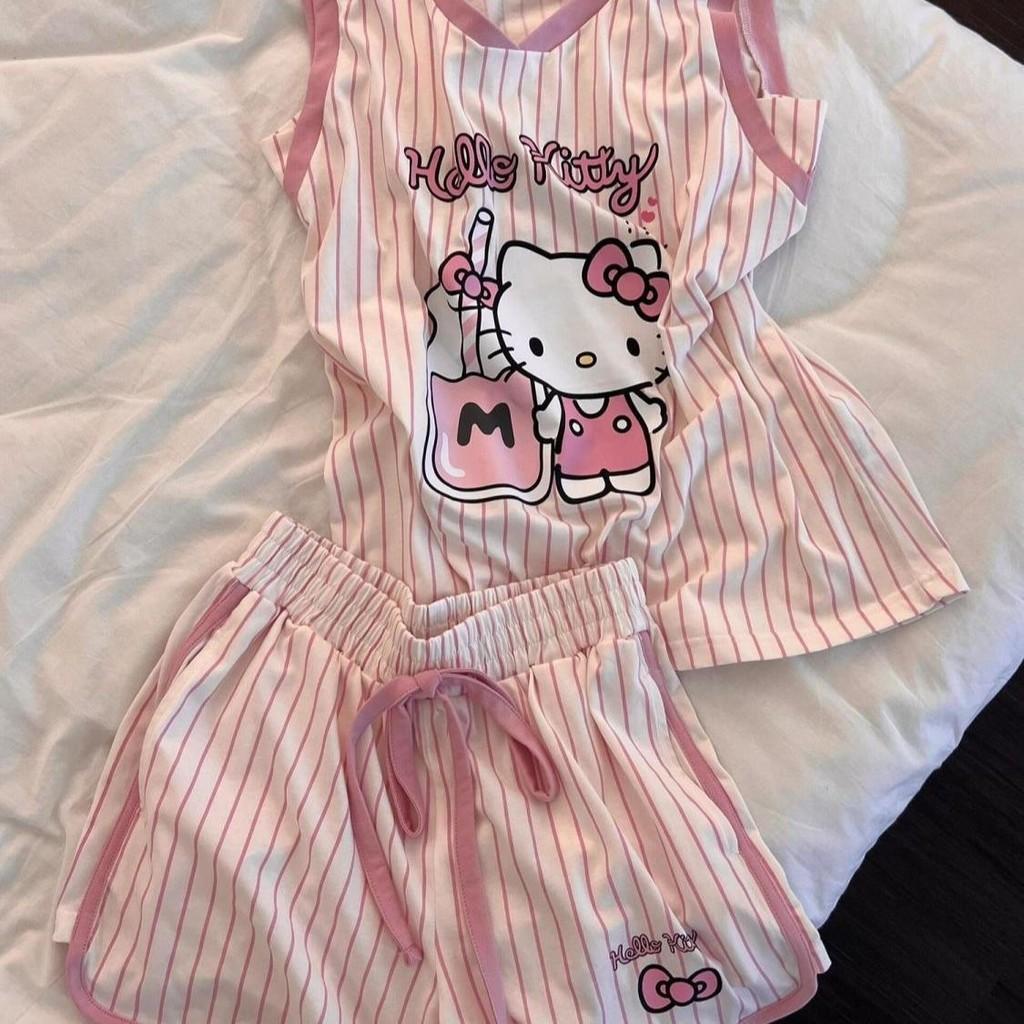 Hello Kitty Pajama Set For Girls With Striped Cotton Sleeveless Shorts Home Wear
