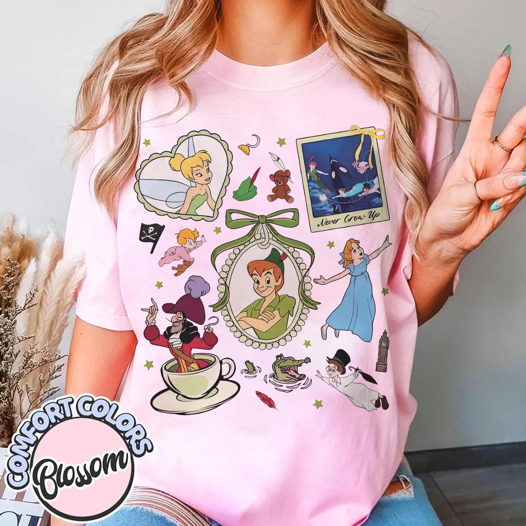 Retro Style Bow Peter Pan Welcome To Neverland Never Grow Up Peter Pan Wendys Tinker Bell Tshirt Girls Journey S