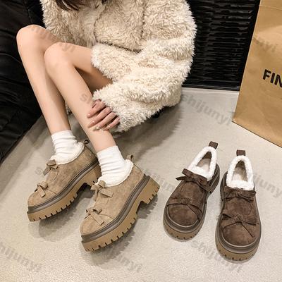Women Winter Warm Loafers Winter Fashion Casual Platform Slip-On Thick Soles Suede Women Short Plush Cotton Bows Leather Shoes