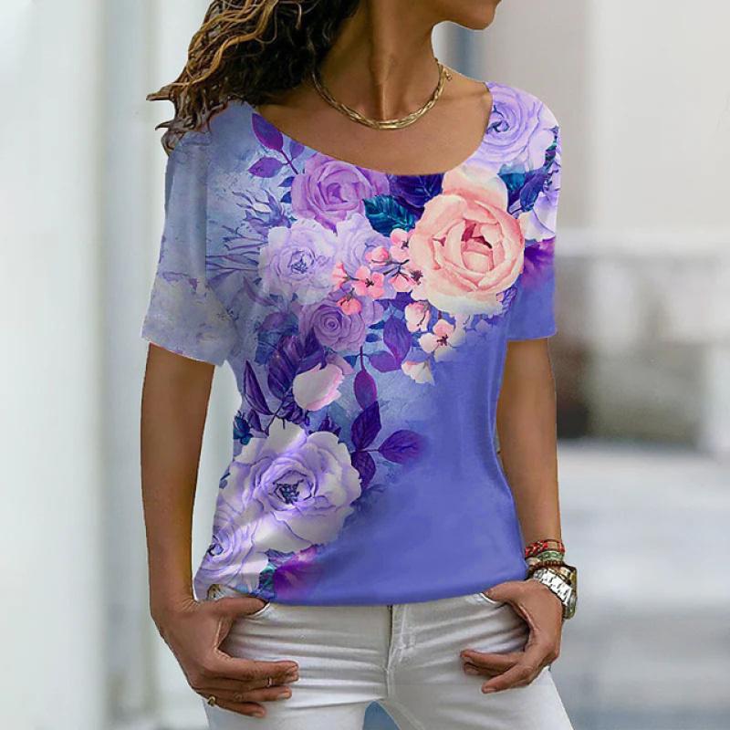 Summer Women T Shirt Casual Fashion T-shirt Female Color Flower Print Short Sleeve Top Vintage Oversized Tees Kawaii Clothes New