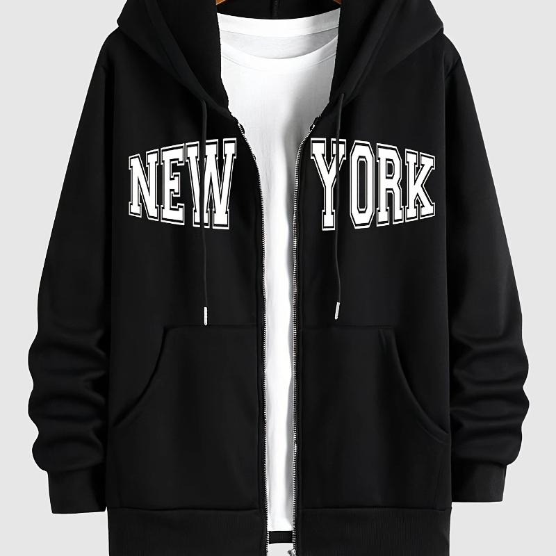 Übergröße Herren Freizeit NEW YORK Buchstabenprint Metallischer Reißverschluss Kapuzenpullover Jacke, Modische Normale Passform Kleidung,