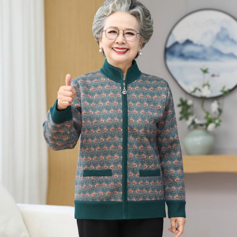 Grandma Sweater Jacket Women's Middle-aged and Elderly Autumn and Winter Clothing Fleece Cardigan Year Old 0 Old Man Old Lady Warm Clothes