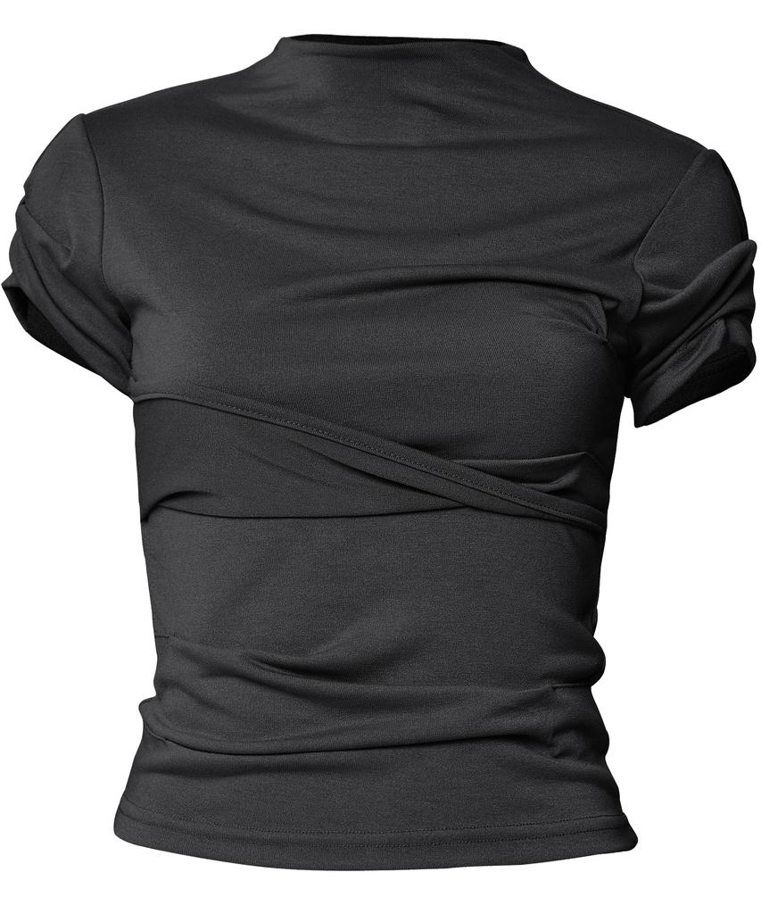 Peulleeoeob Asymmetrical Draped Mock Neck T-Shirt (Fl-126_Black)