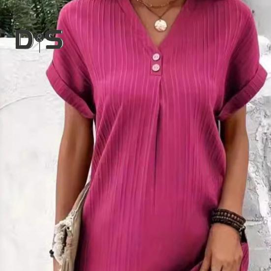 Damen Sommer Hemdkleid Lässig V-Ausschnitt Kurzarm T-Shirt Kleid Strandurlaub Mini Shift Sommerkleid