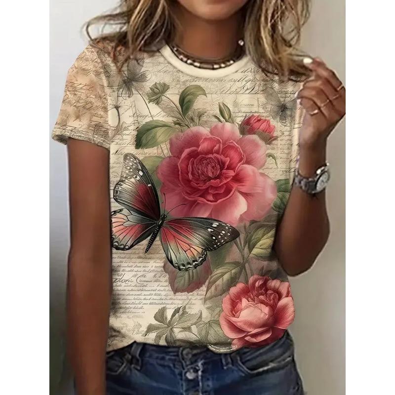 Women's Summer Round Neck Short Sleeved T-shirt with 3D Romantic Rose Print Casual Top Breathable Machine Washable Suitable for Outdoor Daily Wear