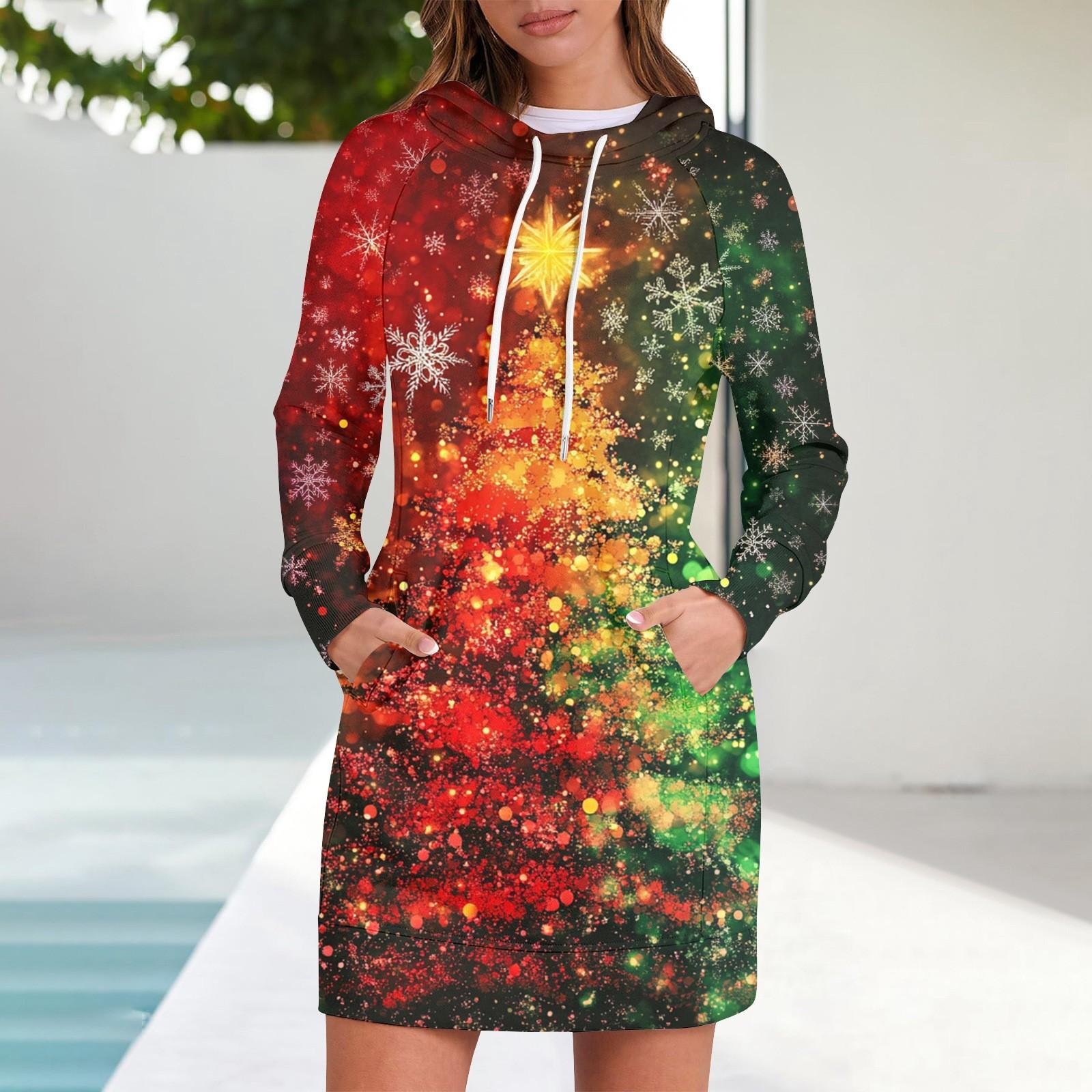 

Женские осенние топы с длинными рукавами и принтом «Рождественская елка и снежинка», с круглым вырезом, в стиле пэчворк, повседневные платья с капюшоном и рукавами реглан XL