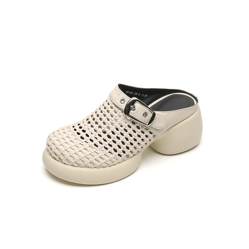 British round head hollow bag head slippers women's 2025 summer new woven thick-soled thick-heeled Muller shoes leather half slippers