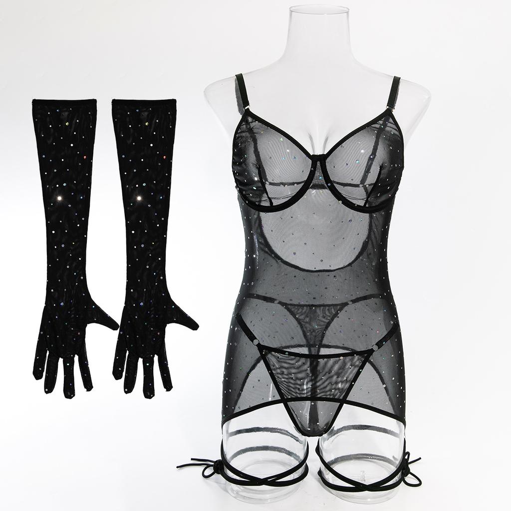 Tooxika Erotic Underwear Sequined Ladies Nightclub Style Steel Ring Gathered Gloves With Ropes Three-piece Set