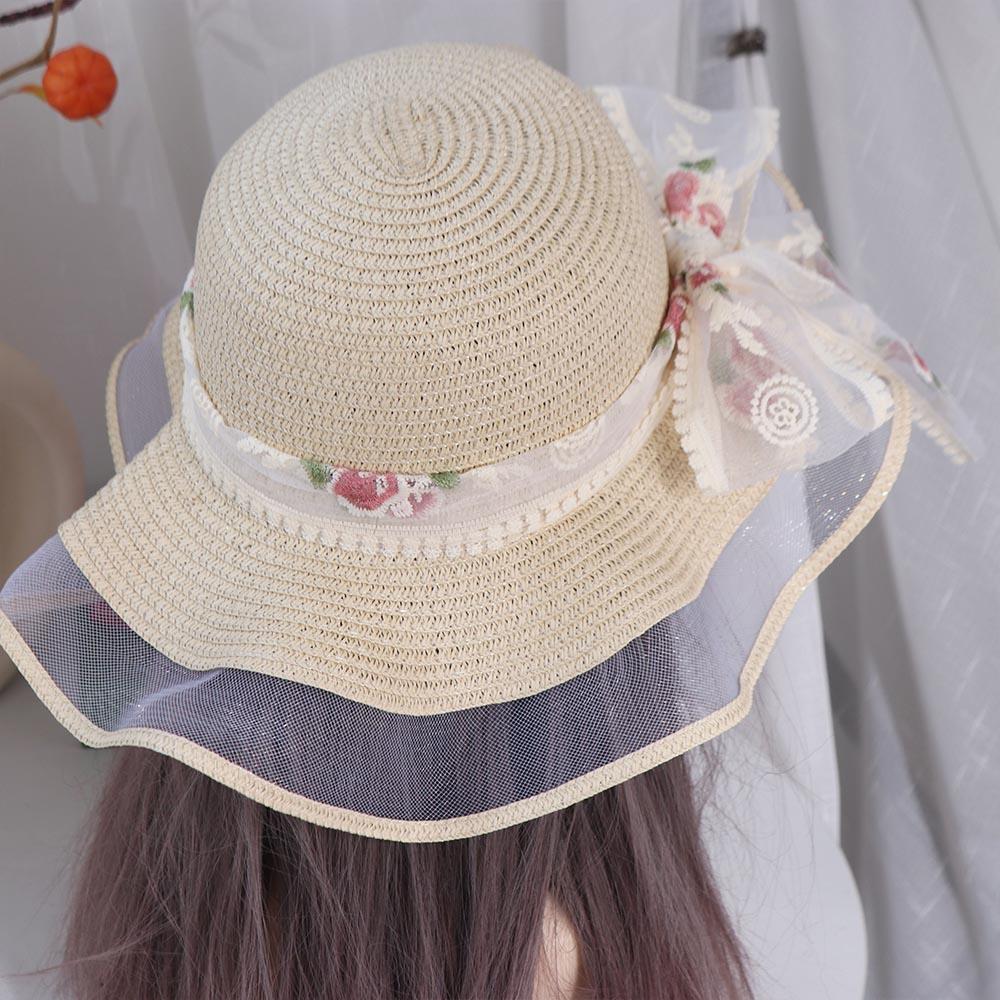 French Style Beach Straw Hat Big Brim Women's Sun Hat Elegant Lace Bow Straw Hat  Outdoor