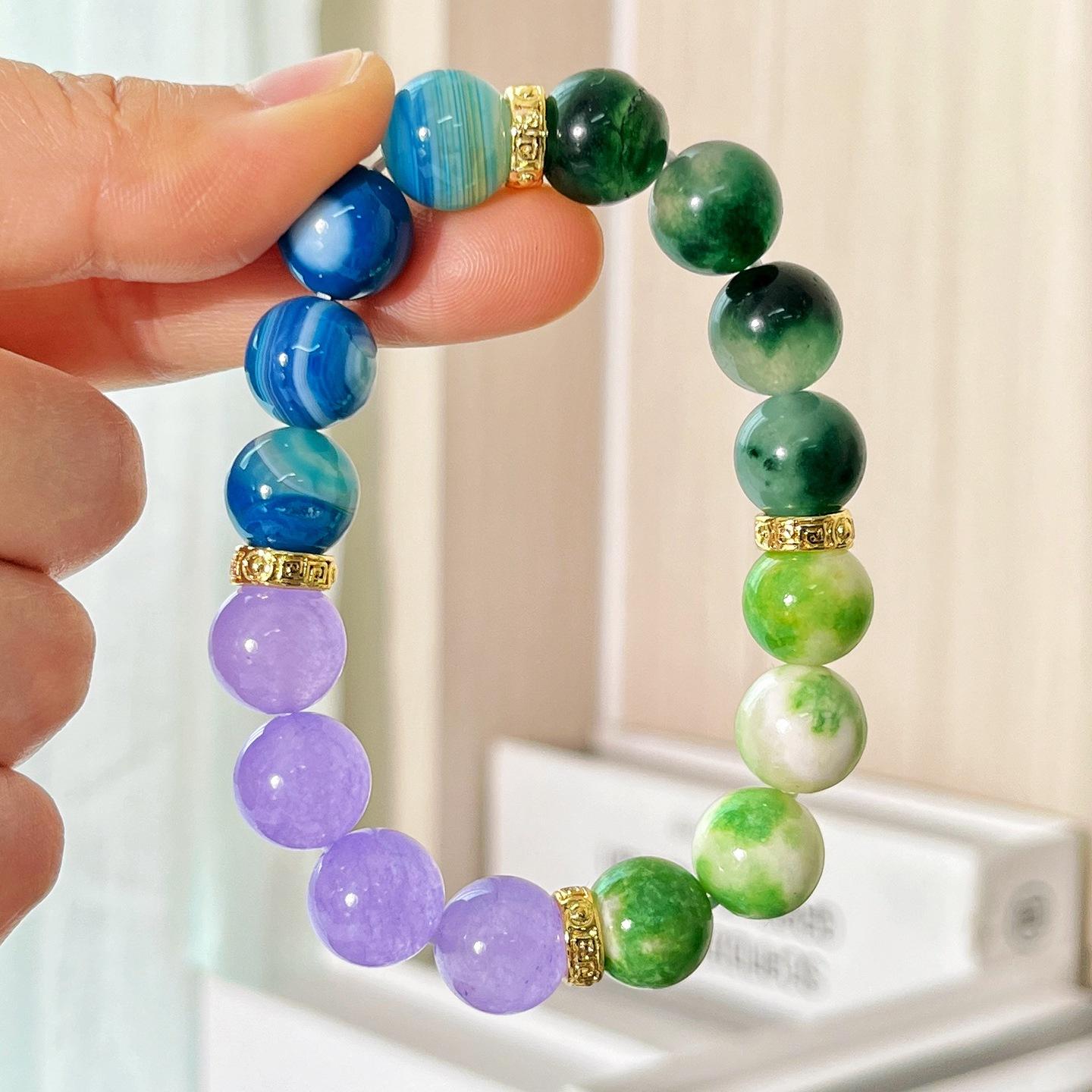 Spring 12Mm Large Particle Green Milk Cover Quartzite Stone Blue Agate Bracelet Bracelet