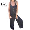 Suspenders Jumpsuit Summer Women V Neck Sleeveless Loose Wide Leg Button Decor Pure Color Deep Crotch with Side Pockets Casual Vacation Homewear
