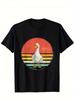 Men's Retro Duck Graphic T-Shirt - Vintage Streetwear with Sunset Color Stripes, Soft Stretch