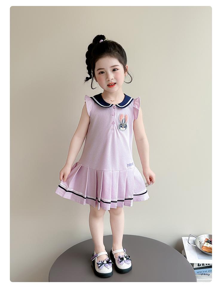 Girl Rabbit Police Officer Knitted Pleated Skirt Summer 2026 New Item Baby Girl Flying Sleeve Navy Collar Summer Dress Princess Skirt