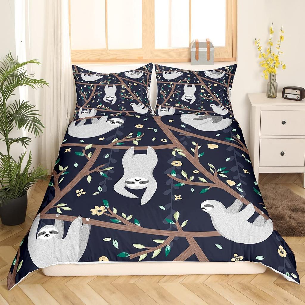Kids Cute Sloth Duvet Cover Set Cartoon Sloth Printed Comforter Covers Boys Girls 3D Animal Themed Lovely Duvet Cover 2/3 Pcs