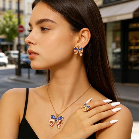 Yousheng 250th Anniversary Jewelry Set, USA Flag Pattern Bowknot Stud Earrings, Adjustable Fit Choker Necklace, Independence Day Commemorative Bow