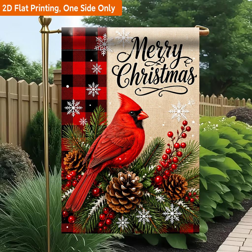 2D Flat, 2D Flat Printing Garden Flag 1pc, Christmas Card with Red Bird Durable Single-Sided Print Yard Flag, Garden & Home Holiday Decoration, 29.97x