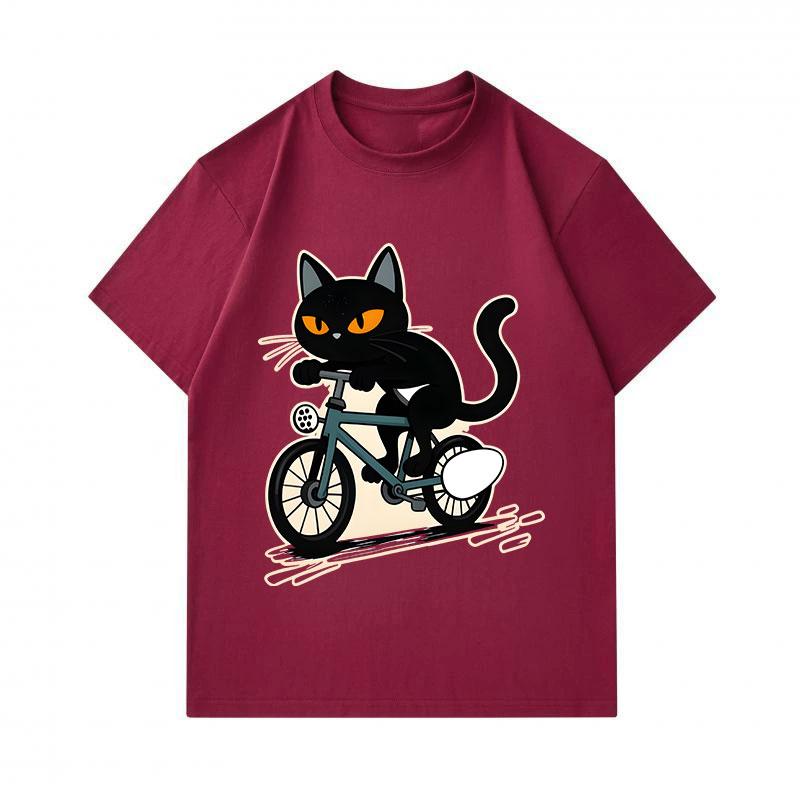 Men's 100% Cotton Crew Neck Short Sleeve T-Shirt, Funny Riding Bicycle Black Cat Graphic Casual Tee, Comfortable Breathable Summer Top for Daily Stree