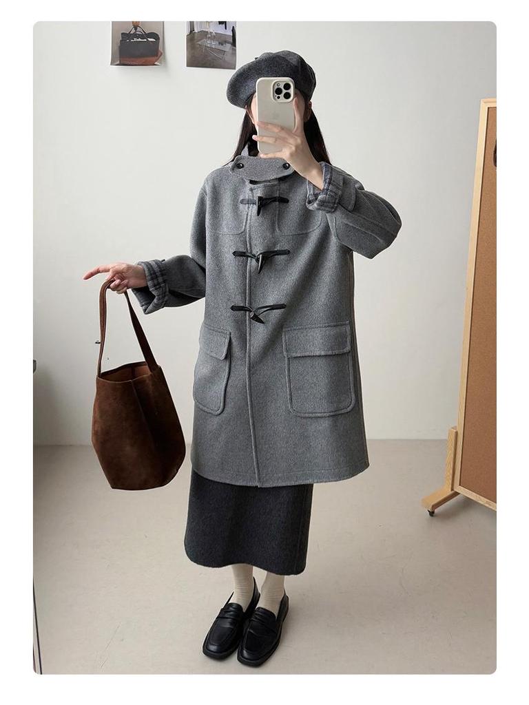 Cappotto da Donna E-Family in Misto Lana con Cappuccio e Chiusura a Laccio, Stile Preppy, Lunghezza Media