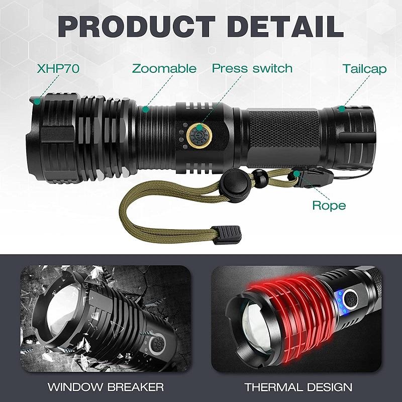 New XHP70 LED Flashlight XHP50 LED Flashlights USB Rechargeable Flashlight Zoomable Torch Waterproof Torch Camping Flashlight