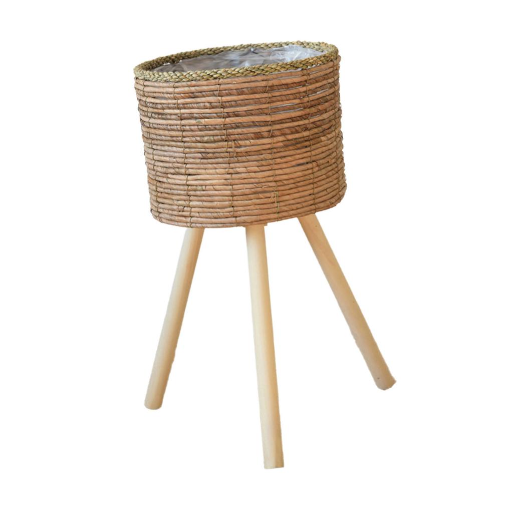 Rattan Indoor Plant Stand Straw Woven Flowers Pots Holder Stool With Legs Floor Planter Baskets Rack Wood Plant Shelf