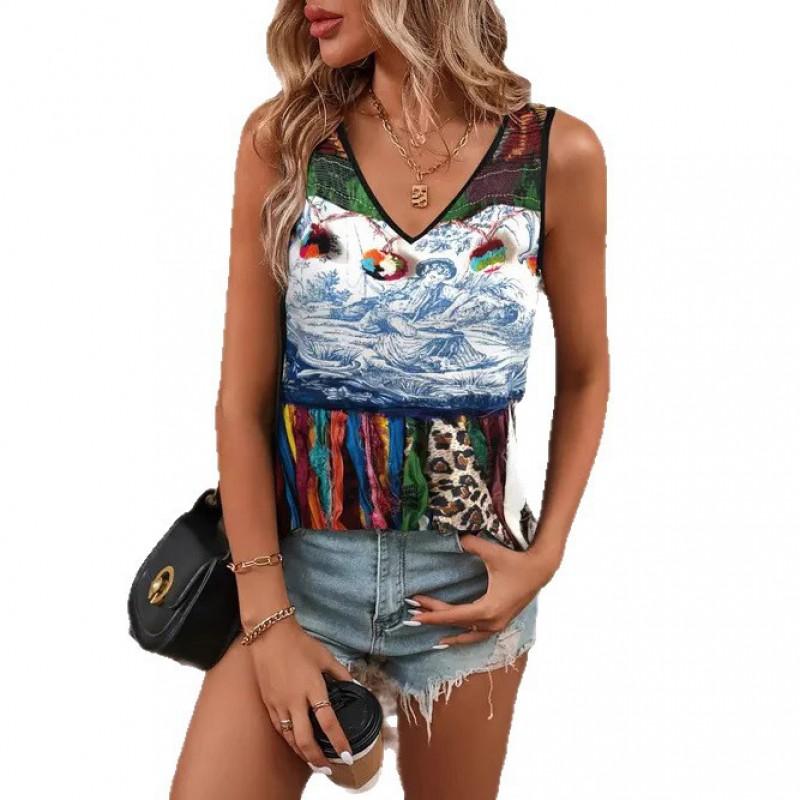 Gradient Print V-Neck Sleeveless Top Women Soft Cotton Blend Loose Fit Breathable Casual Tank