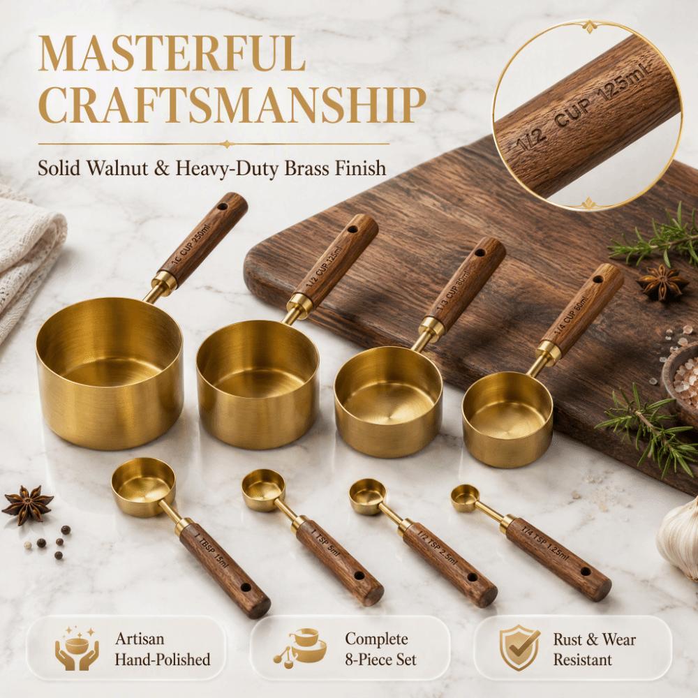 8Pcs Gold Brown Measuring Spoon Set Wooden Handle Baking Measuring Tool  Cooking Baking Bartending