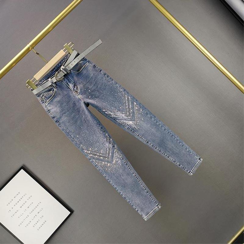 Ladies Heavy Industry Rhinestone Skinny Jeans  Spring  Elastic High Waist Thin Women Clothes Korean Fashion Nine Pants