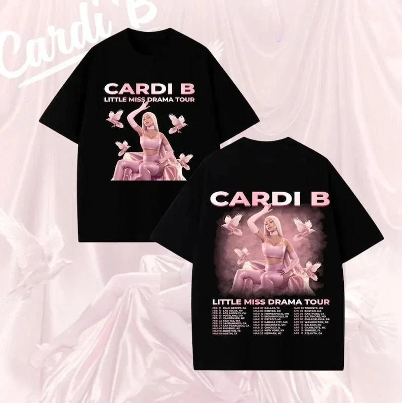 

Black Double-Sided Cardi B Little Miss Drama Tour T-Shirt with Pink Portrait and Full Tour Dates Print for Hip-Hop Fans 4XL