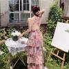 Women's Summer Waist Slimming Backless Hanging Neck Holiday Beach Ruffle Printed Long Skirt