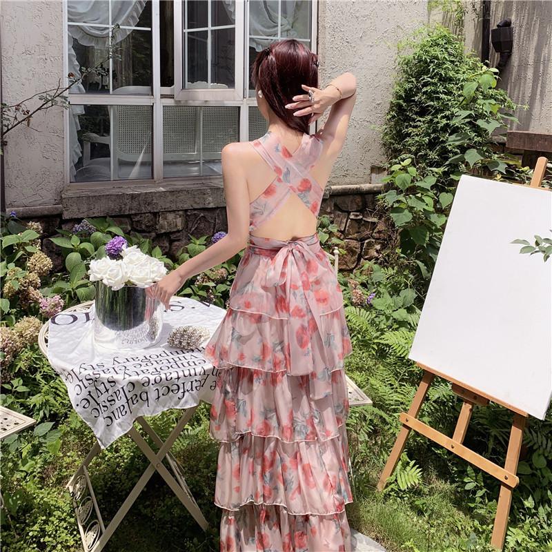 Women's Summer Waist Slimming Backless Hanging Neck Holiday Beach Ruffle Printed Long Skirt