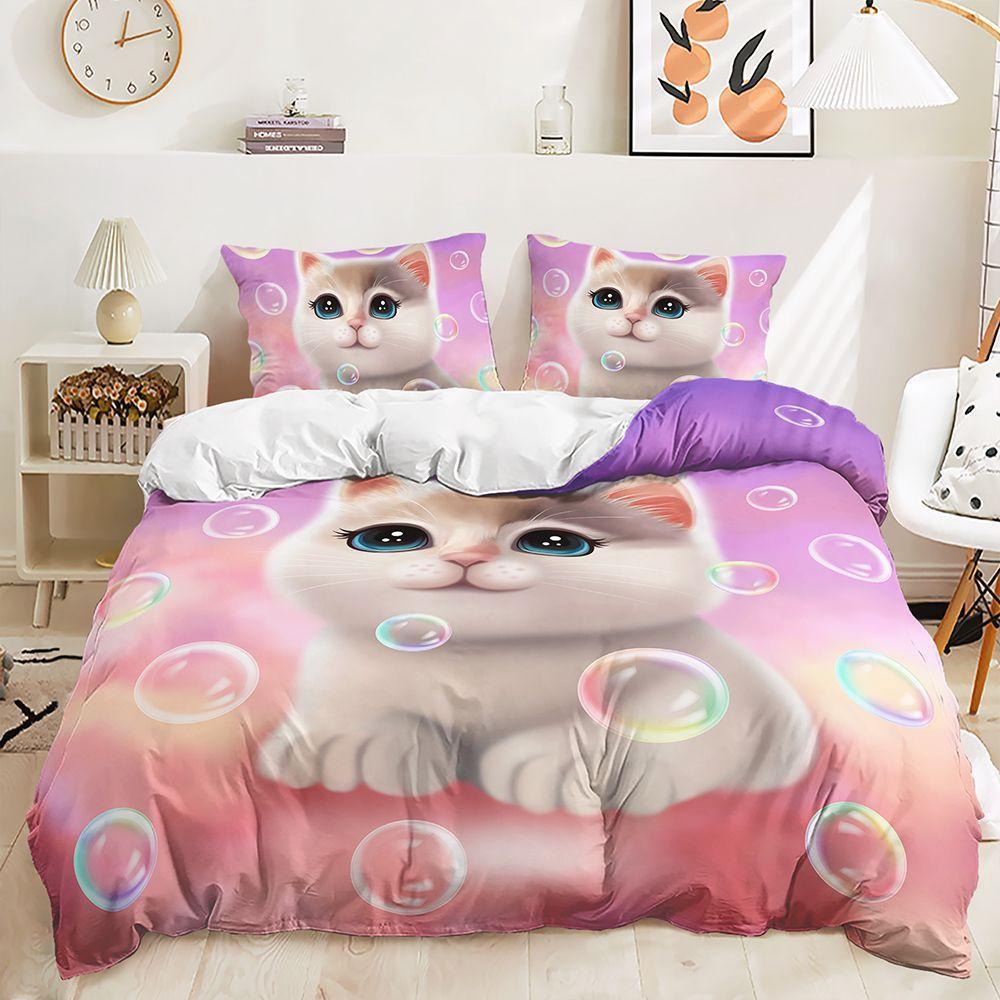 Bett Dreiteiliges Niedliches Tier-Set Katze Kaninchen Bettbezug Zweiteilig Schlafzimmer