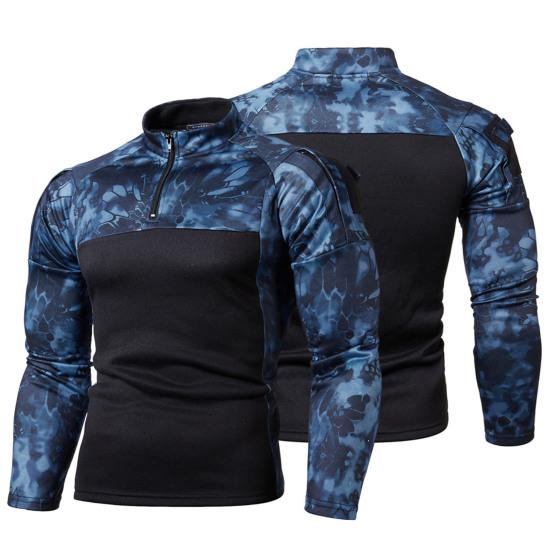 Men Fall Sweatshirt Patchwork Long Sleeves Camouflage Print Hip Hop Zipper Stand Collar Slim Fit Warm Wear-resistant Men Autumn Tops for Sports