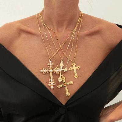 PuRui Retro Zlatá Barva 4ks/Sada Dlouhý Řetízek Kříž Přívěsek Náhrdelník Ženy Akrylový Kamínek Přívěsek Choker Náhrdelník Zirkon Dárek