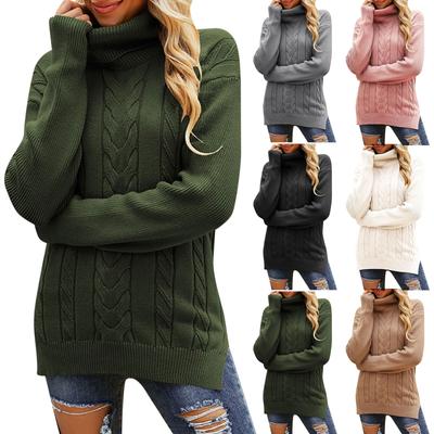 Women's Casual Solid Color Lapel Bottom Knit Sweater Vintage Cable Sweater