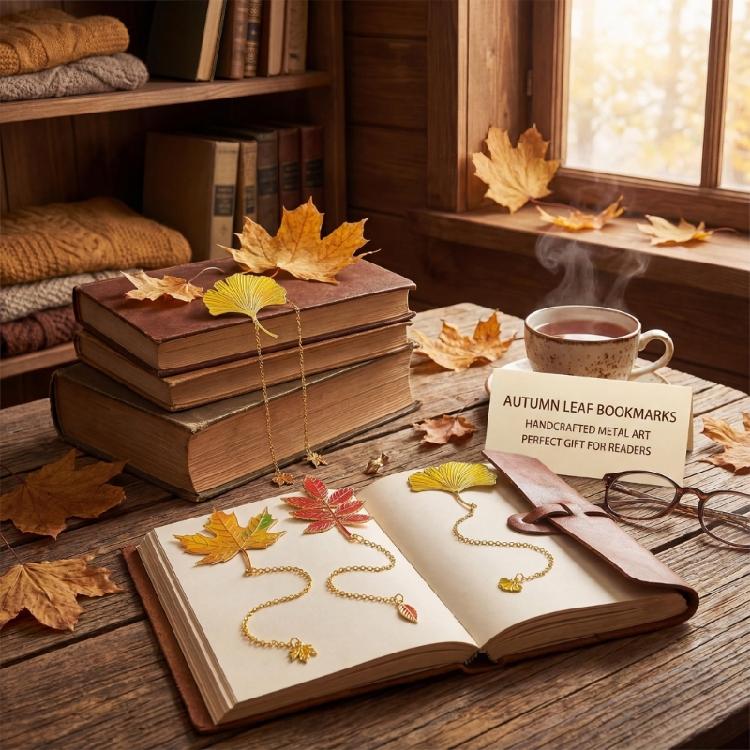 4Pcs Fall Leaves Themed Metal Bookmarks with Chain Pendant Books Page Marker Reading Aid for Book Lover Readers Writers