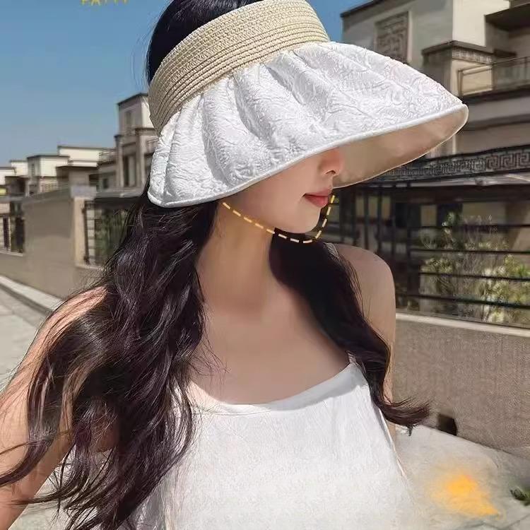 Summer Sunshade Sunscreen Hat Women's UV Protection Face Cover Empty Top Sun Hat Summer Printed Large Brim Shell Hat