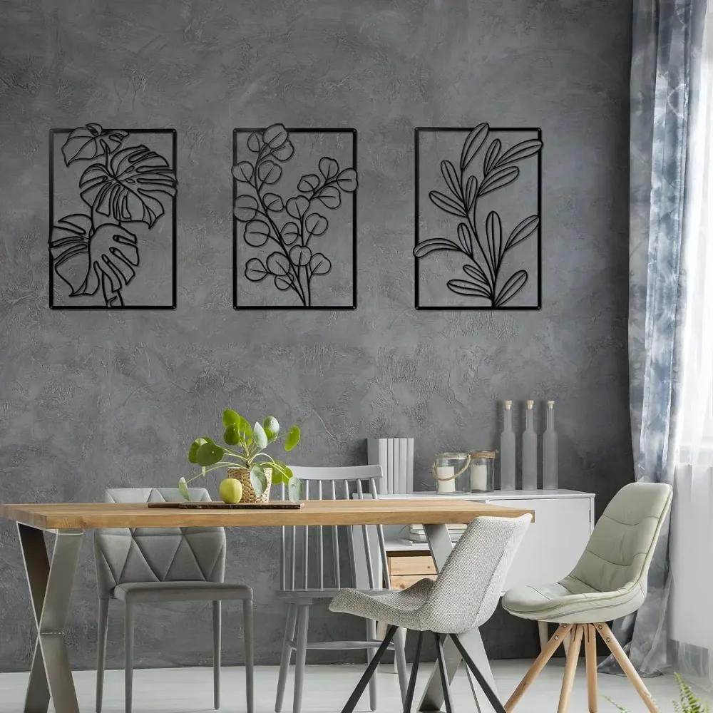 3Pcs Gorgeous Gold & Black Metal Wall Decor: Large Minimalist Modern Boho Art. Abstract Flower & Leaf for Bedroom & Living Room.