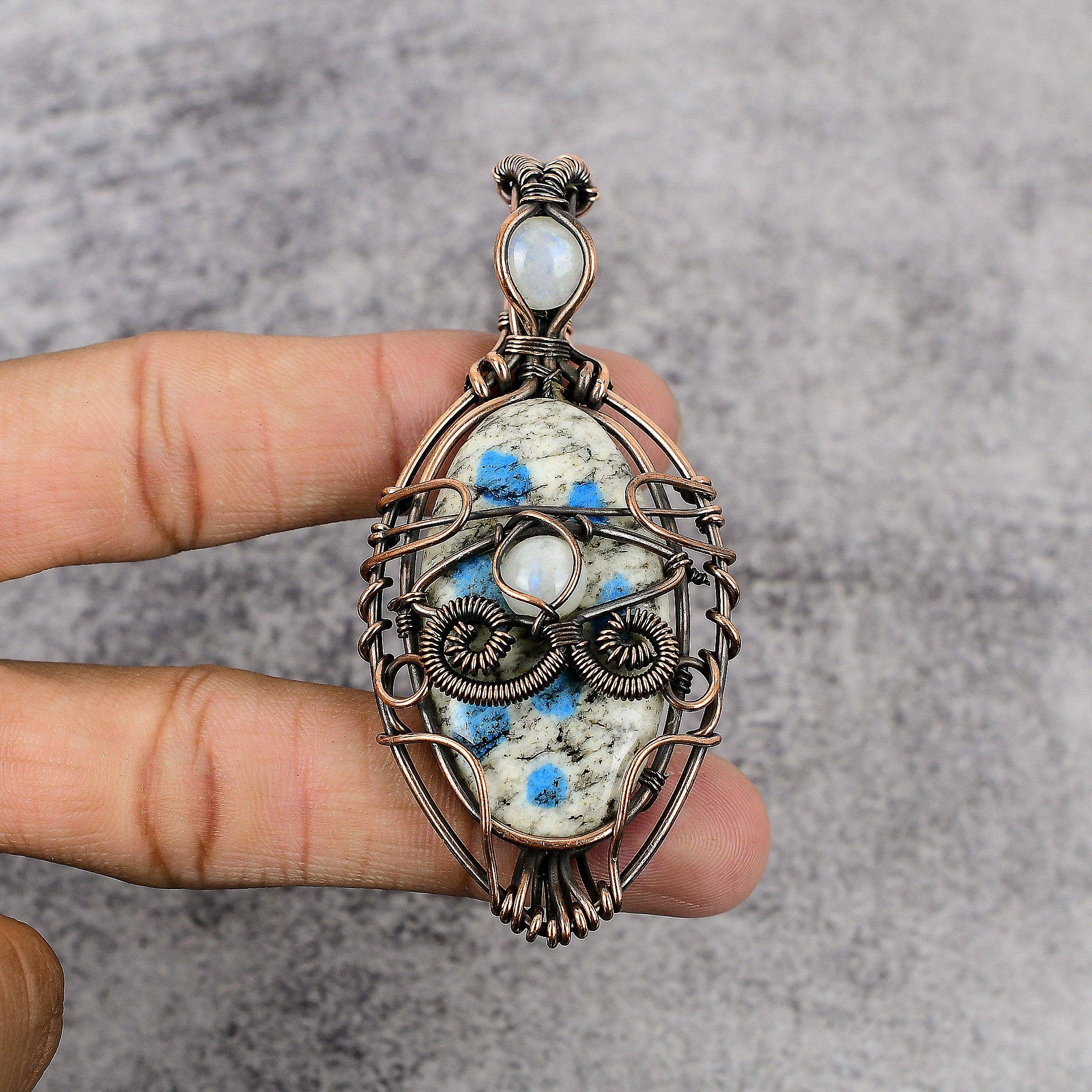 

K2 Azurite & Rainbow Moonstone Pendant, 999 Copper Wire Wrapped Gemstone Jewelry, Handmade Pendant, For Thanksgiving 2.25 Inches